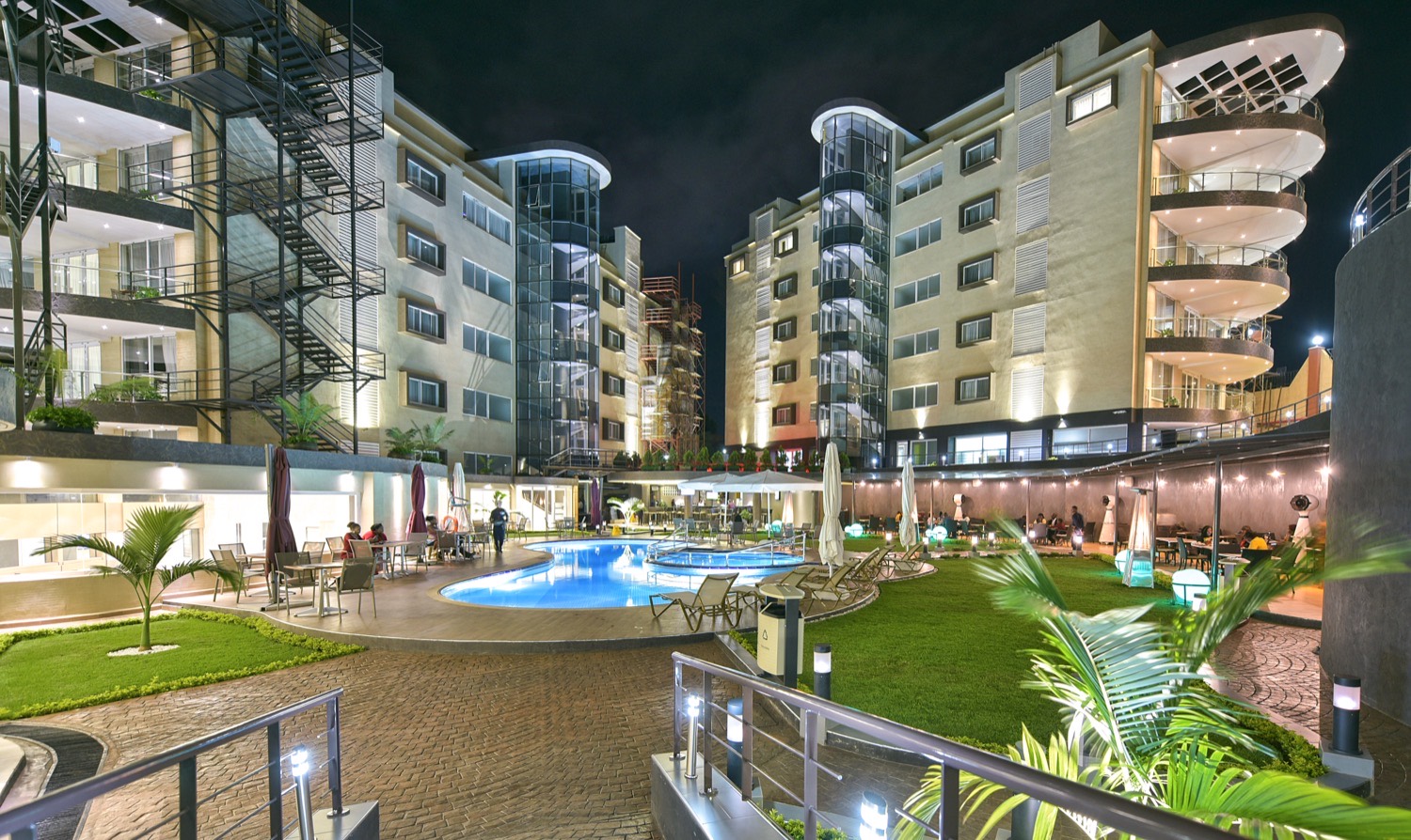 Aerial view of Skyz Hotel and the sun-deck pool